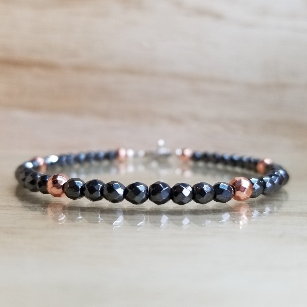 Hematite Beaded Gemstone Bracelet with Rose Gold